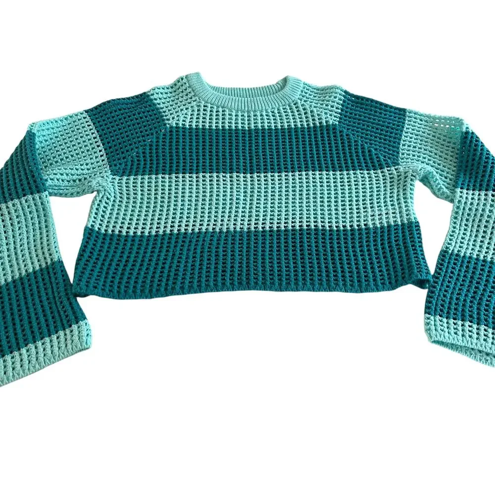 Zara Girls Turquoise Striped Crochet Sweater Top Size 9-10